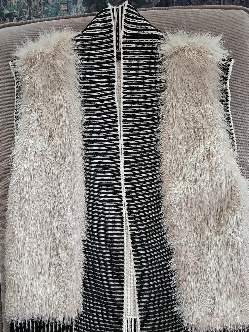 Banana Republic Black and Cream Knit Vest with Faux Fur Panels